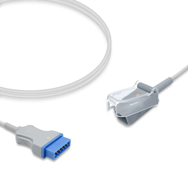 A gray SpO2 adapter cable with a blue connector, designed for use with biometric monitors.