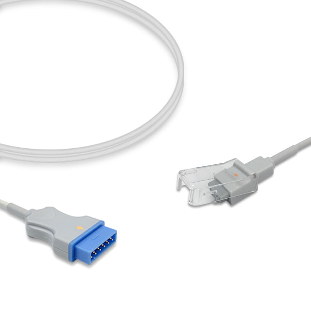A SpO2 adapter cable with one end featuring a flat, 11-pin connector and the other end a female 9-pin D-Sub connector, in gray and white colors.