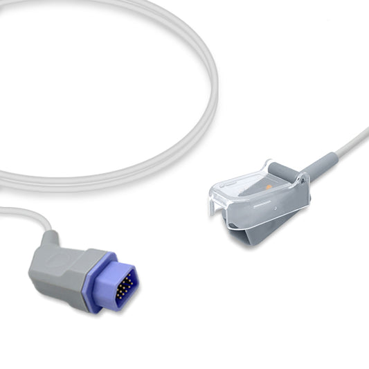 A SpO2 adapter cable with a grey distal sensor and a blue proximal connector, compatible with Nihon Kohden equipment.