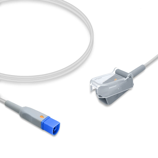 A compatible SpO2 adapter cable with a blue connector on one end and a gray sensor on the other, against a white background.