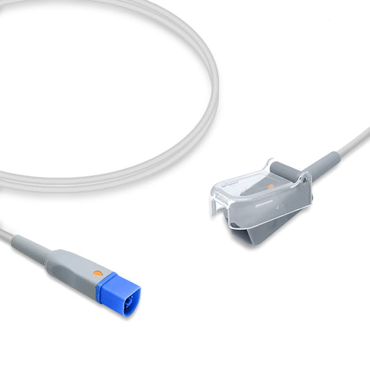 A compatible SpO2 adapter cable with a blue connector on one end and a gray sensor on the other, against a white background.