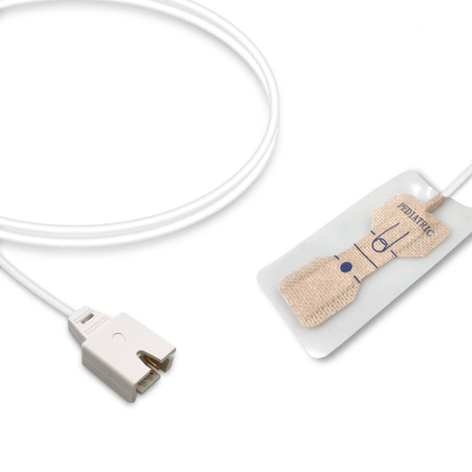 A Masimo SpO2 sensor with non-woven adhesive and a white connector cable.