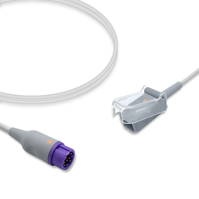 A compatible SpO2 adapter cable with a male connector on one end and a female connector on the other, primarily in gray and purple colors.