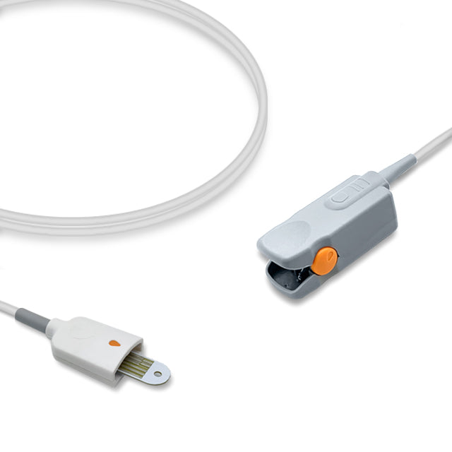 An adult clip SpO2 sensor with a white cable and grey clip, compatible with various medical equipment brands.