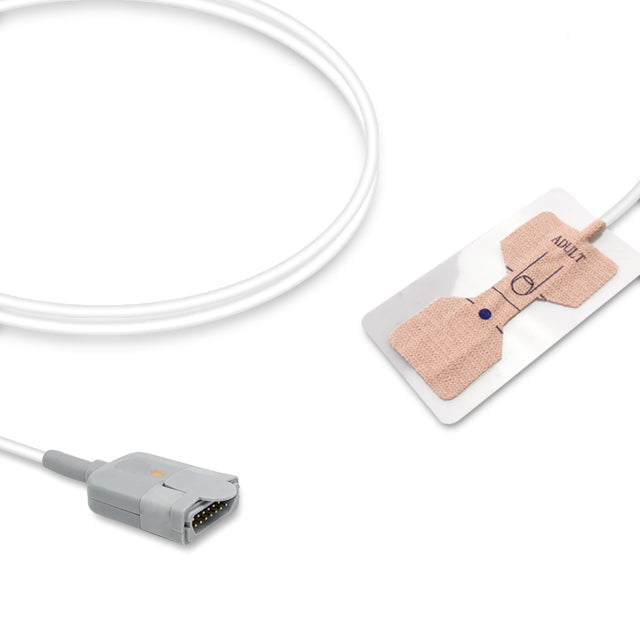 An image showing a Masimo SpO2 sensor with adult non-woven adhesive and a white cable.