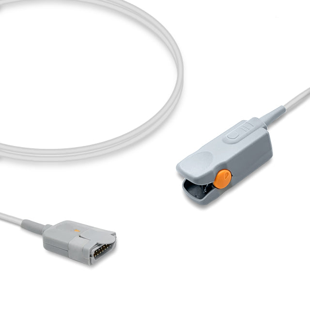 An adult clip SpO2 sensor with a white cable and grey clip connector, compatible with various medical devices.