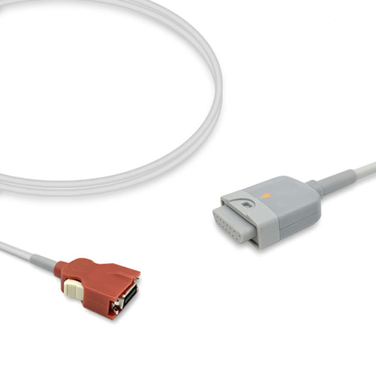 A white SpO2 adapter cable with a red connector on one end and a gray connector on the other, designed for use with Masimo sensors.