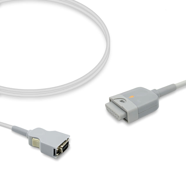 A white Masimo SpO2 adapter cable with a 14-pin connector on one end and an M-LNCS connector on the other, against a white background.