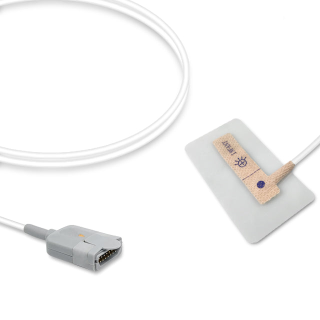 An image showing a Masimo SpO2 sensor with a white cable and a non-woven adhesive patch, designed for infant use.