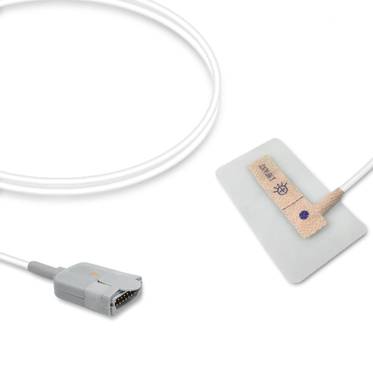 An image showing a Masimo SpO2 sensor with a white cable and a non-woven adhesive patch, designed for infant use.