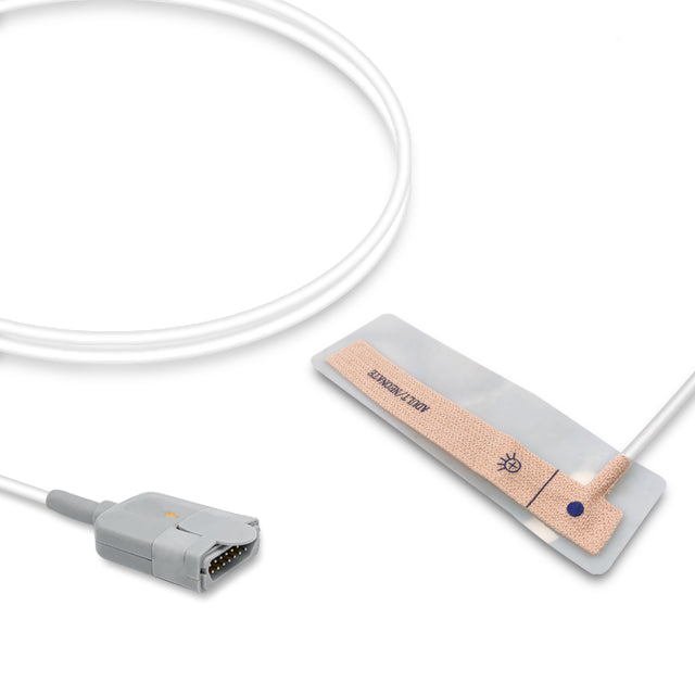 An SpO2 sensor with a white cable and a beige-colored sensor pad, labeled with the brand name Masimo.