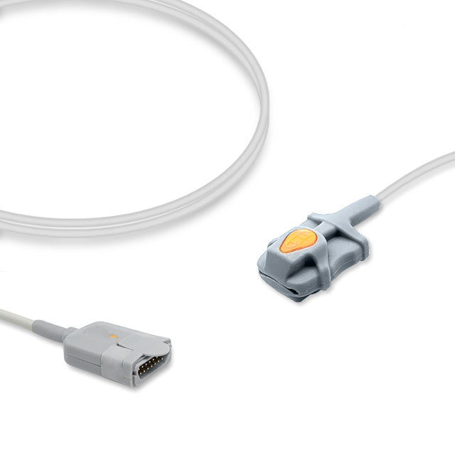 A pediatric SpO2 sensor with a gray cable and distal LNOP male connector, and a soft, latex-free sensor tip.