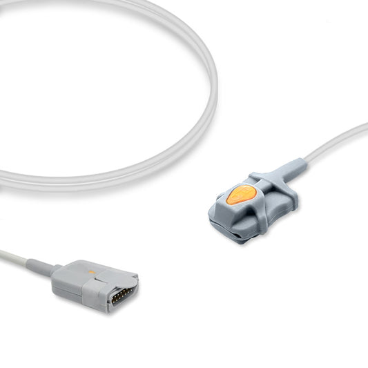 A pediatric SpO2 sensor with a gray cable and distal LNOP male connector, and a soft, latex-free sensor tip.