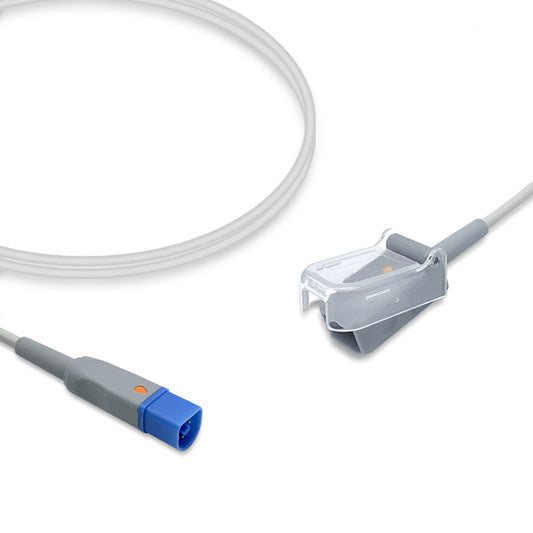An SpO2 adapter cable with a Philips connector on one end and a Nellcor compatible connector on the other, predominantly gray and blue in color.