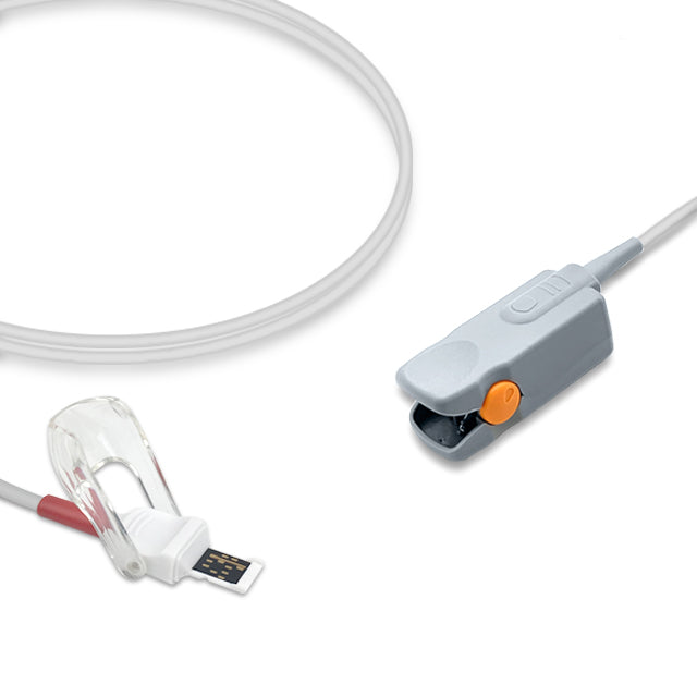 An SpO2 sensor with a finger clip and coiled cable, compatible with Masimo SpO2 sensors.