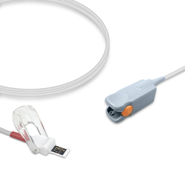 A Masimo SpO2 sensor with a pediatric finger clip and a white cable, compatible with various Mindray > Datascope vital signs monitors.