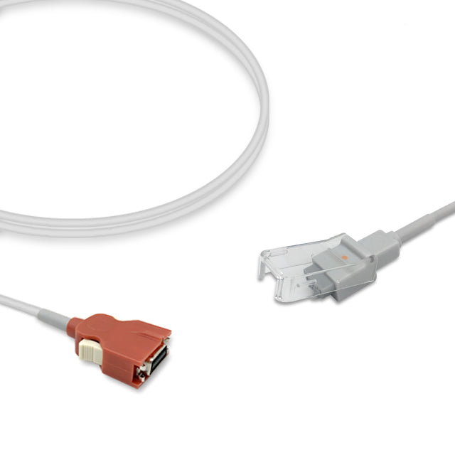 An SpO2 adapter cable with a red connector on one end and a gray connector on the other, set against a white background.