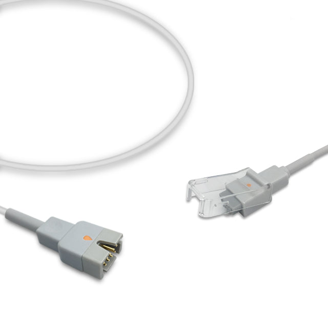A white compatible Masimo SpO2 adapter cable with one end having a male connector labeled M-LNC and the other end a female connector.