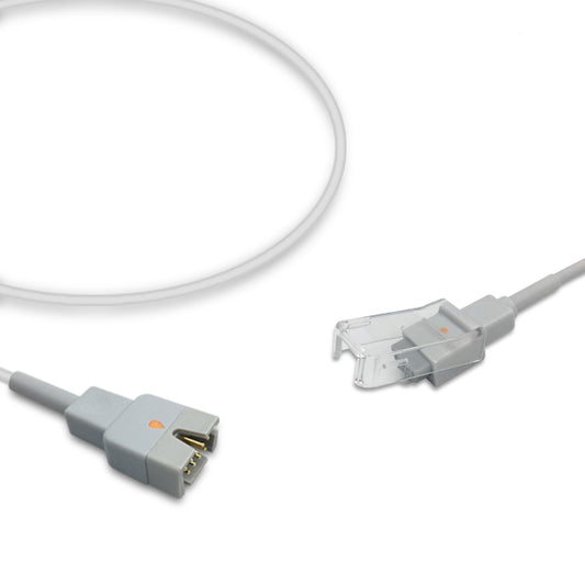 A white compatible Masimo SpO2 adapter cable with one end having a male connector labeled M-LNC and the other end a female connector.