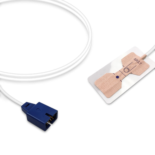 An SpO2 sensor with a white cable and blue connector, and a beige sensor pad, on a white background.