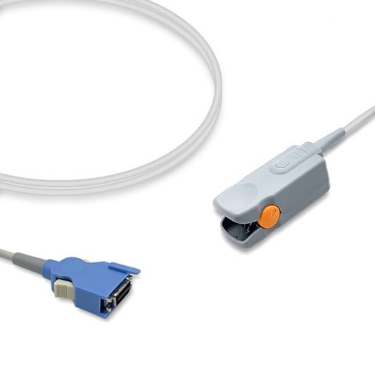 A SpO2 sensor with an adult finger clip and a Nihon Kohden connector, compatible with various Life Scope models.