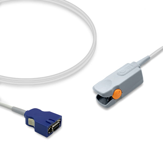A Nellcor SpO2 sensor with a white cable and gray finger clip, alongside a blue connector.