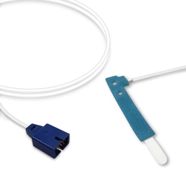 An SpO2 sensor with a blue non-adhesive foam pad and white cable, including a white connector.