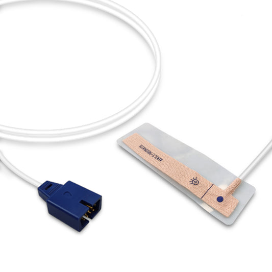 An SpO2 sensor with a white cable and blue connector, alongside a beige non-woven adhesive sensor pad.