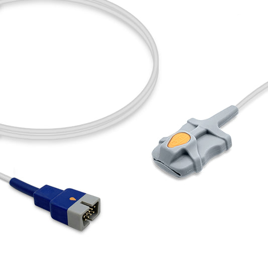 A Nellcor SpO2 sensor with a white cable and gray body, including a blue connector.