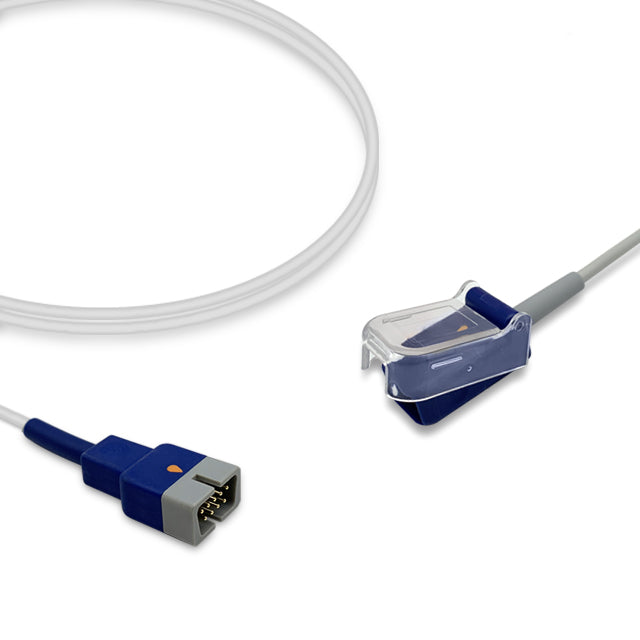 An SpO2 extension cable with a blue connector on one end and a sensor on the other, against a white background.