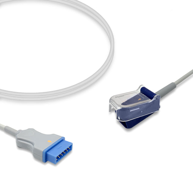 An SpO2 adapter cable with a flat distal connector and a female 9-pin D-Sub connector, primarily in gray and purple colors.
