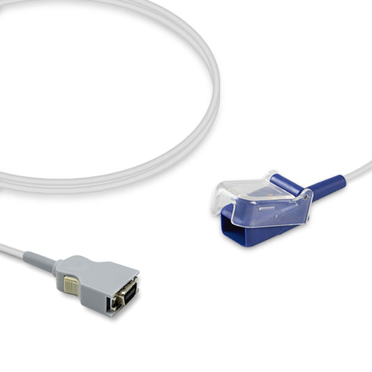 A compatible Nihon Kohden SpO2 adapter cable with a gray body and a purple connector.