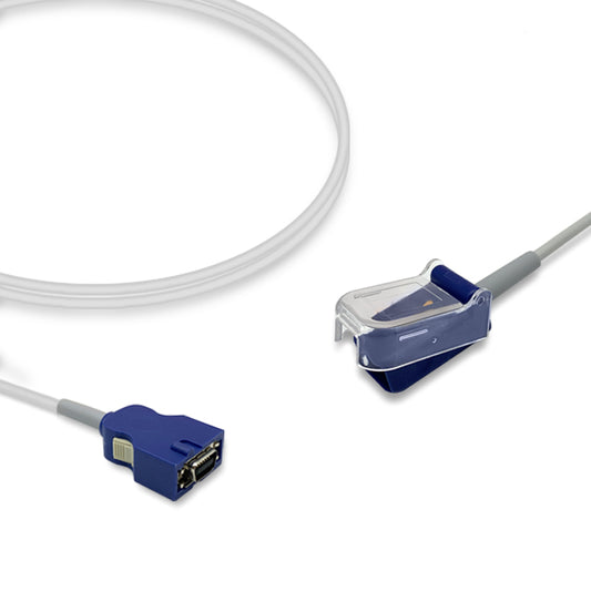An SpO2 adapter cable with a blue connector on one end and a sensor on the other, against a white background.
