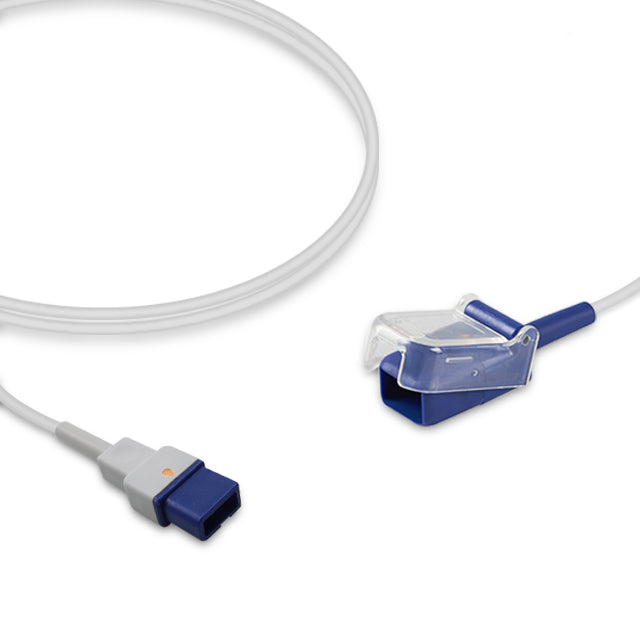 A SpO2 adapter cable with a 10-pin connector and a female 9-pin D-Sub connector, primarily gray and white in color.