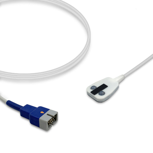 A Nellcor SpO2 sensor with a white cable and blue connector, alongside a white reusable sensor pad.