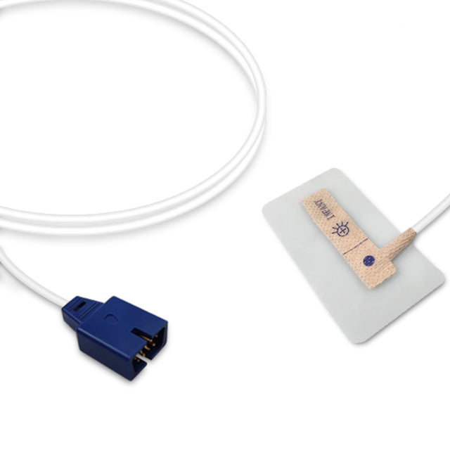 A Nellcor SpO2 sensor with a blue connector and a white, non-woven adhesive pad.