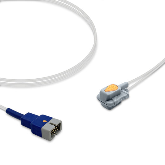 A Nellcor SpO2 sensor with a blue connector on one end and a gray sensor head on the other, connected to a white, flexible cable.