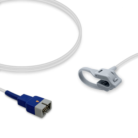 A Nellcor SpO2 sensor with a blue connector and white wrap-around probe.