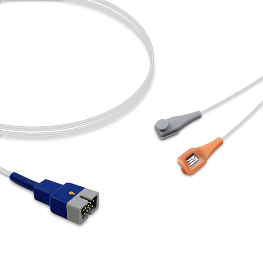A photo showing a Nellcor SpO2 sensor with a blue connector and a white cable, alongside a gray and orange sensor probe.
