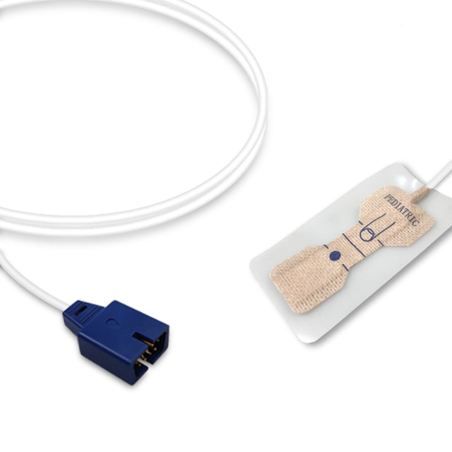 A Nellcor SpO2 sensor with a blue connector and a beige non-woven adhesive pad, attached to a white cable.
