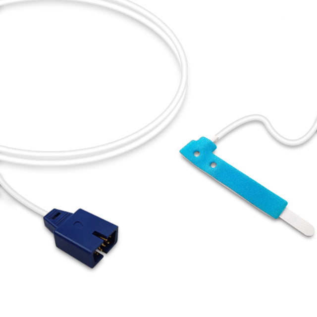 A Nellcor SpO2 sensor with a blue non-adhesive foam body and white cable, alongside a blue connector.