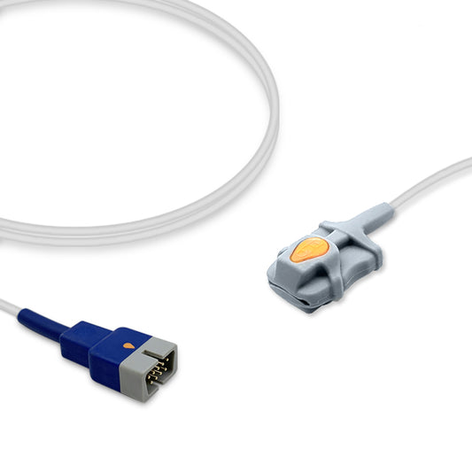 A Nellcor SpO2 sensor with a white cable and gray body, including a blue connector on one end and a sensor clip with a yellow detail on the other.