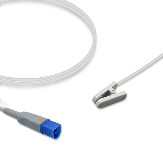 An SpO2 sensor with an adult ear clip and a coiled cable, compatible with various Philips medical devices.