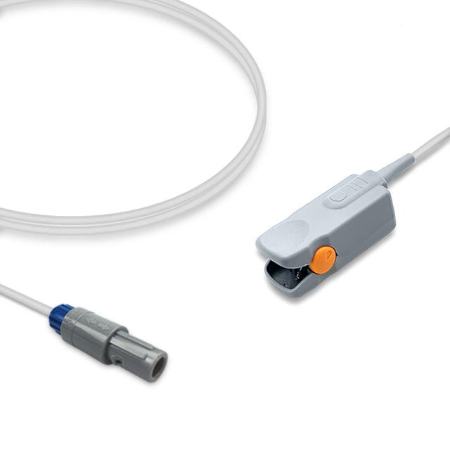 An SpO2 sensor with a gray body and orange clip, connected to a 3.0m gray cable with a 6-pin lemo connector.