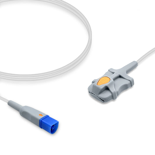 An SpO2 sensor with a gray body, adult size, with a distal connector labeled Philips and a proximal cable.