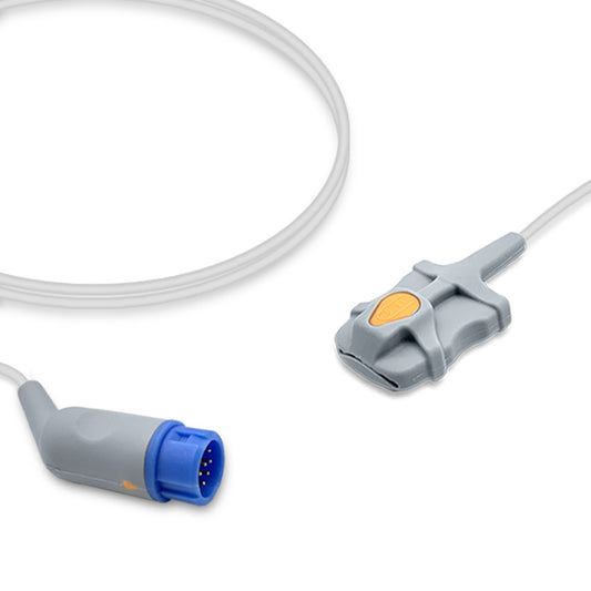 A Philips SpO2 sensor with a blue connector and a gray body, attached to a soft, flexible cable.