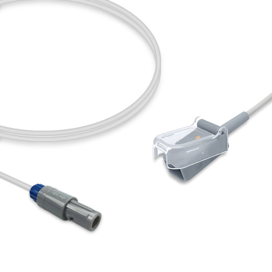 An SpO2 adapter cable with a gray distal connector and a clear proximal connector, against a white background.
