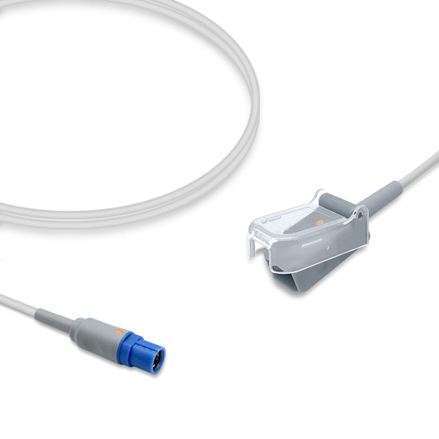 A SpO2 adapter cable with a round, grey sensor on one end and a blue 9-pin D-Sub connector on the other, set against a white background.