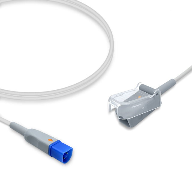 A compatible SpO2 adapter cable with a blue connector on one end and a gray sensor on the other, against a white background.