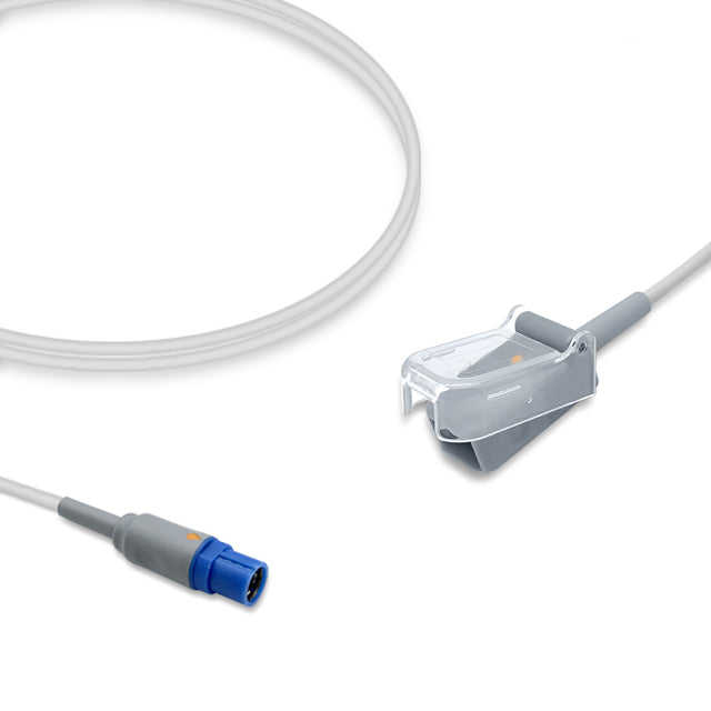 A SpO2 adapter cable with a round, 10-pin connector and a female 9-pin D-Sub connector, primarily gray in color.